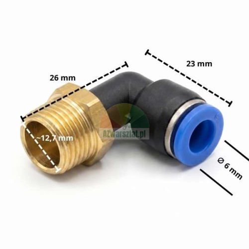 Złączka pneumatyczna kątowa L z gwintem 12.7 mm i wtykiem 6 mm z wymiarami
