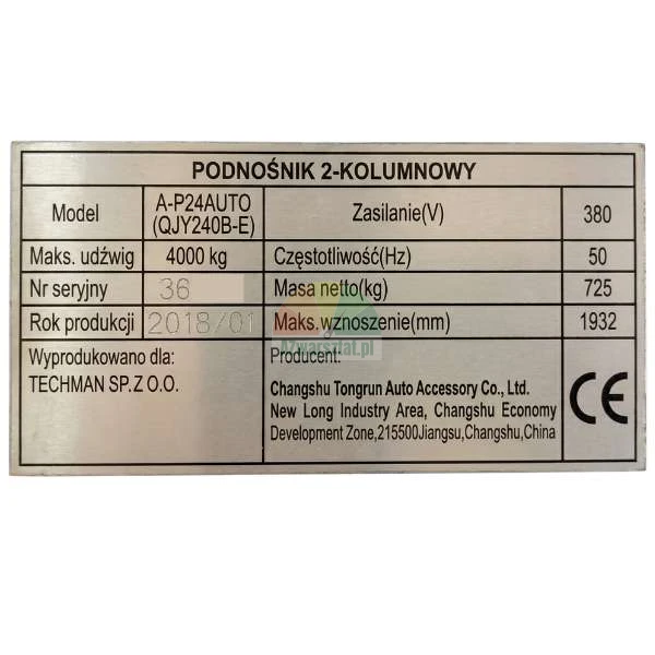 Tabliczka znamionowa dwukolumnowego podnośnika samochodowego QJY240B-E.