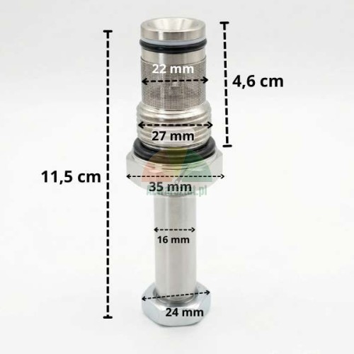 Zawór opuszczania do cewki elektromagnetycznej 16mm / G27mm z zaznaczonymi wymiarami technicznymi.