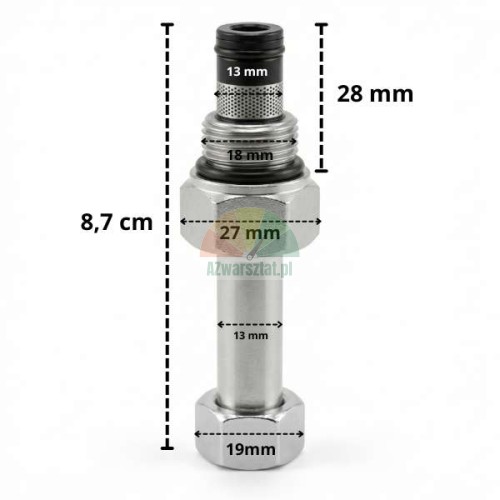 Zawór opuszczania do cewki 13mm/G19mm z naniesionymi wymiarami montażowymi.