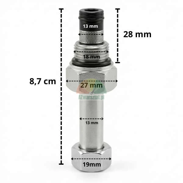 Zawór opuszczania do cewki 13mm/G19mm z naniesionymi wymiarami montażowymi.