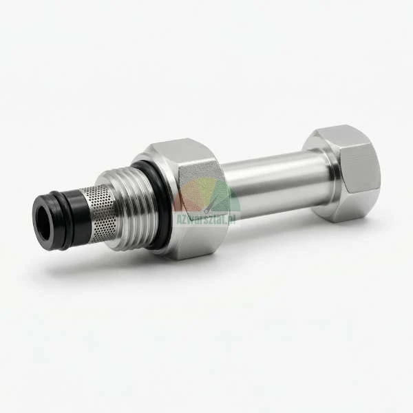 Metalowy adapter hydrauliczny z filtrem siatkowym, gwintem i uszczelką typu o-ring na jasnym tle.