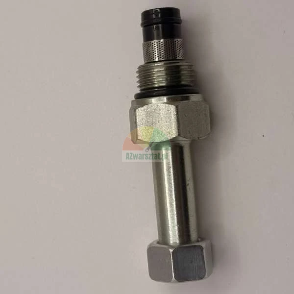 Metalowy zawór nabojowy hydrauliczny z gwintem, filtrem siatkowym i uszczelkami o-ring na jasnym tle.
