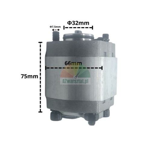 Pompa zębata 2.1 z wymiarami montażowymi: wysokość 75mm, szerokość 66mm i średnica kołnierza 32mm.