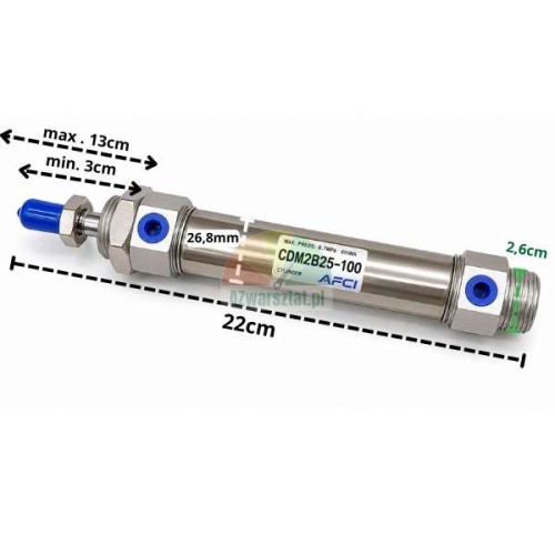 Siłownik pneumatyczny CDM2B25-100 AFCI z wymiarami na białym tle.