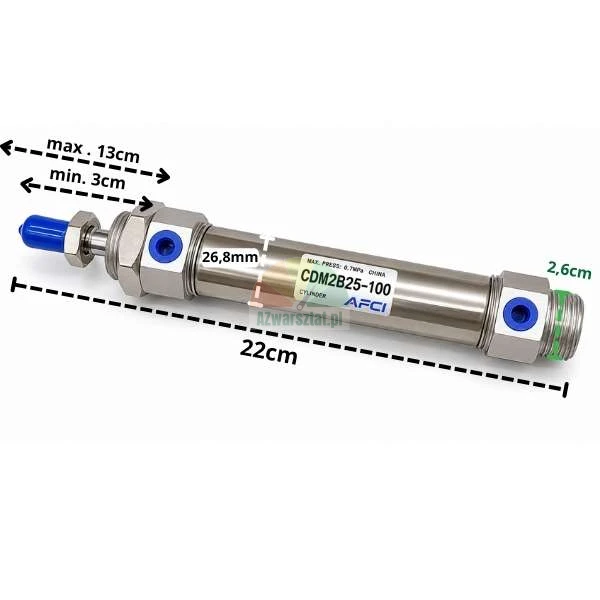 Siłownik pneumatyczny CDM2B25-100 AFCI z wymiarami na białym tle.