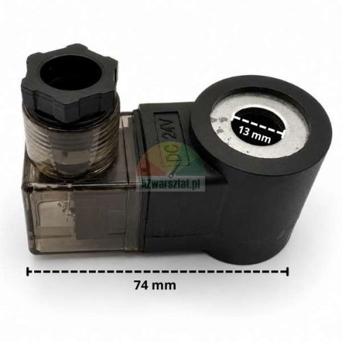 Czarna cewka zaworu opuszczania 24V DC o średnicy otworu 13 mm i długości 74 mm.