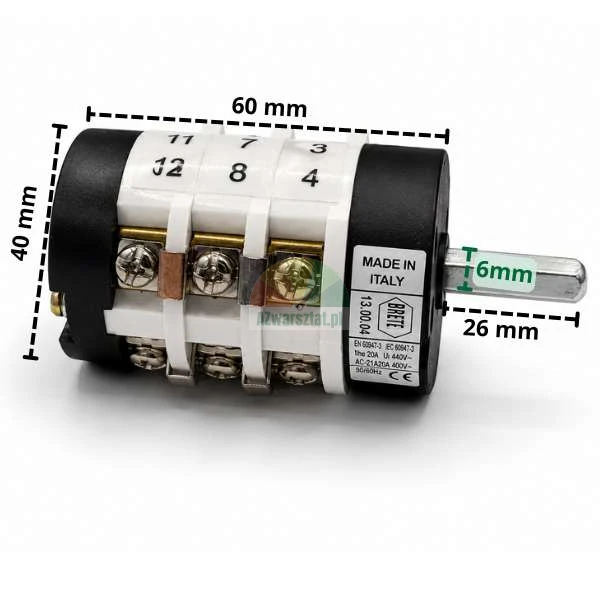 Mini przełącznik obrotowy EN60947-3 (20A) z oznaczonymi wymiarami: korpus 60 mm na 40 mm, trzpień 6 mm na 26 mm.