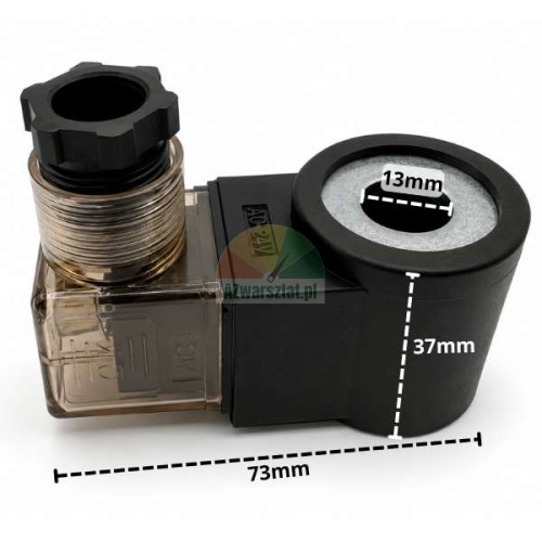 Cewka elektrozaworu AC 24V o średnicy wewnętrznej 13mm i wymiarach 37mm na 73mm.