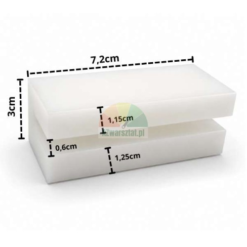 Biały plastikowy ślizg podnośnika o wymiarach 7,2 cm x 3 cm z naniesionymi wymiarami.