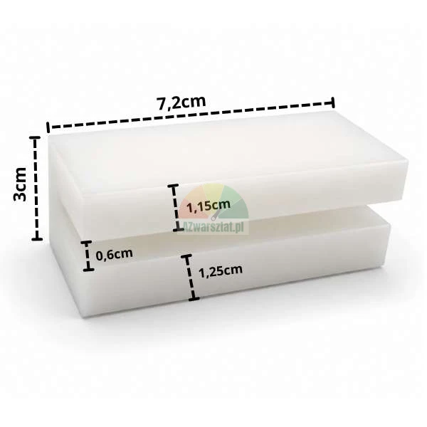 Biały plastikowy ślizg podnośnika o wymiarach 7,2 cm x 3 cm z naniesionymi wymiarami.
