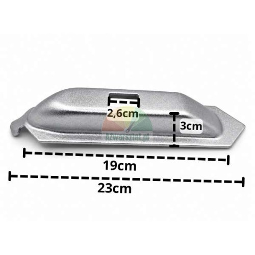 Element prowadnicy do szczęki montażownicy Typ A z podanymi wymiarami 23cm, 19cm, 3cm i 2,6cm