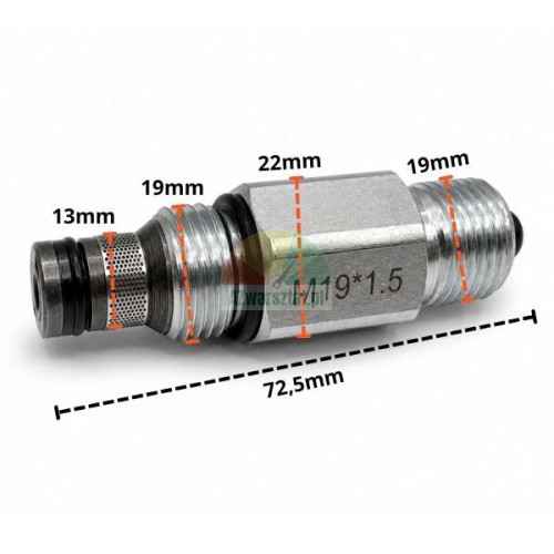 Hydrauliczny zawór opuszczania z gwintem M19x1.5 i wymiarami technicznymi