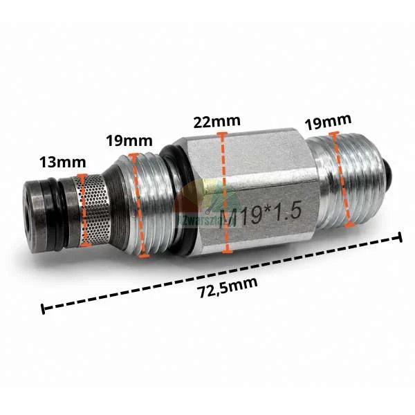 Hydrauliczny zawór opuszczania z gwintem M19x1.5 i wymiarami technicznymi
