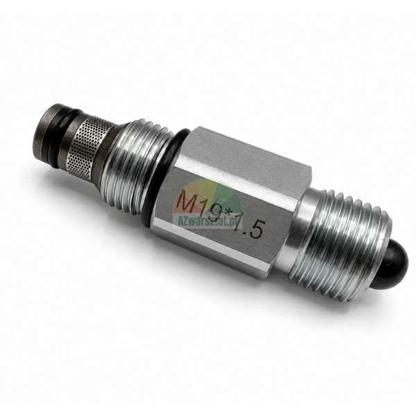 Metalowy zawór hydrauliczny z oznaczeniem M19*1.5, z uszczelkami typu o-ring i metalowym filtrem siatkowym na białym tle.