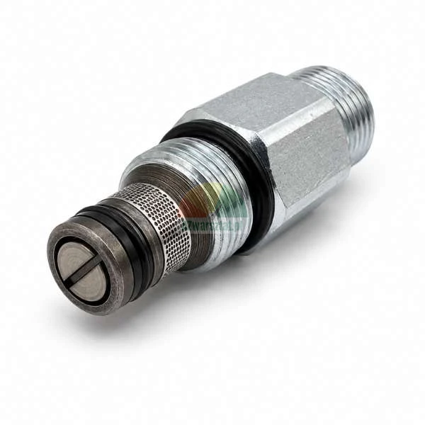 Metalowy hydrauliczny zawór nabojowy z sitkiem filtracyjnym, gwintem i gumowymi uszczelkami typu o-ring na białym tle.