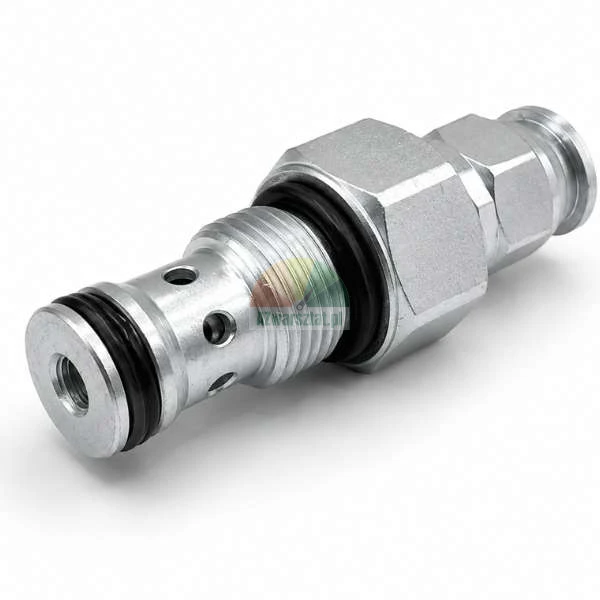 Metalowy nabój zaworu hydraulicznego z czarnymi uszczelkami o-ring i gwintem na białym tle.