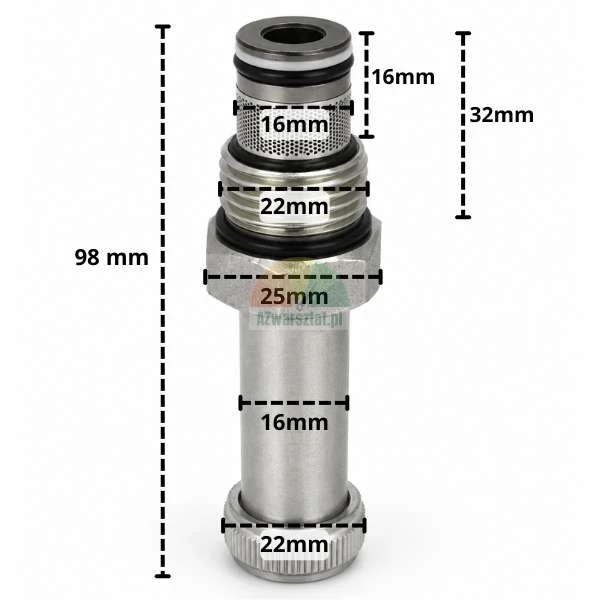 Zawór opuszczania do cewki 16mm G22mm z wymiarami