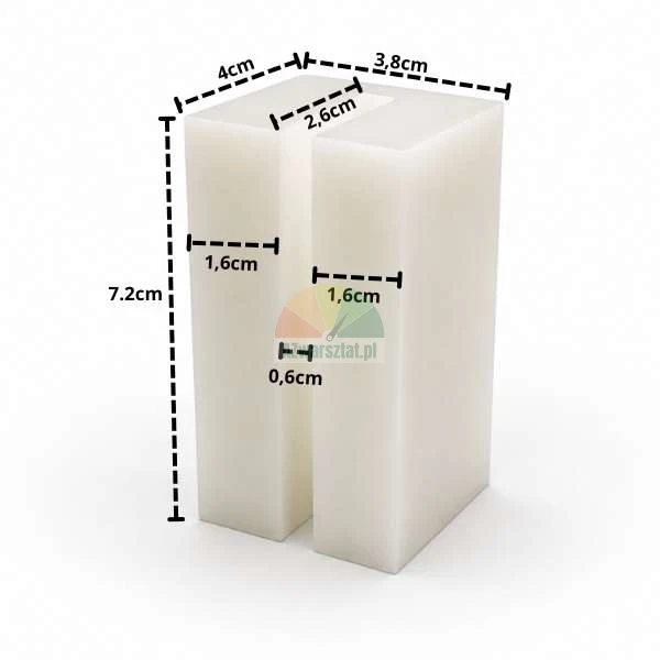Biały plastikowy ślizg podnośnika o wymiarach 7.2 x 4 x 3.8 cm z zaznaczonymi szczegółowymi wymiarami