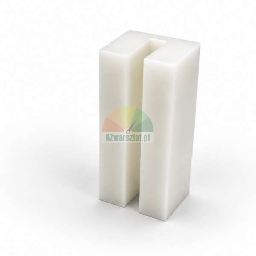 Biały plastikowy ślizg podnośnika o wymiarach 7cm x 3cm x 3cm z podłużnym wycięciem w kształcie litery U