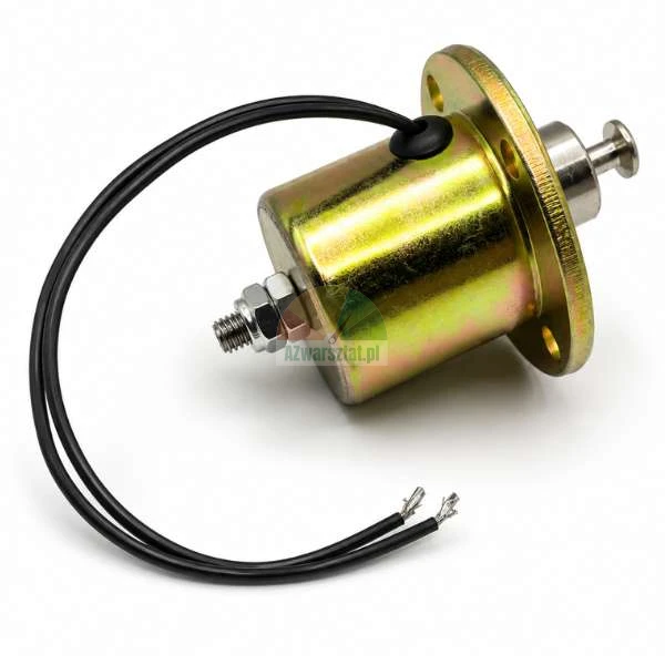 Metalowy elektromagnes (solenoid) o złotawym odcieniu z dwoma czarnymi przewodami, gwintowaną śrubą z nakrętkami i kołnierzem montażowym na białym tle.