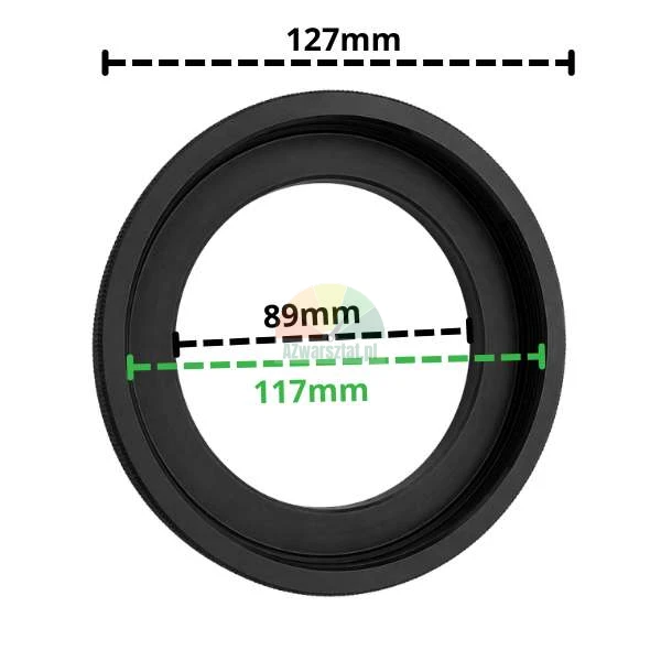 Czarny metalowy pierścień adaptera z zaznaczonymi wymiarami: średnica zewnętrzna 127mm, średnica wewnętrzna 89mm oraz średnica gwintu wewnętrznego 117mm.