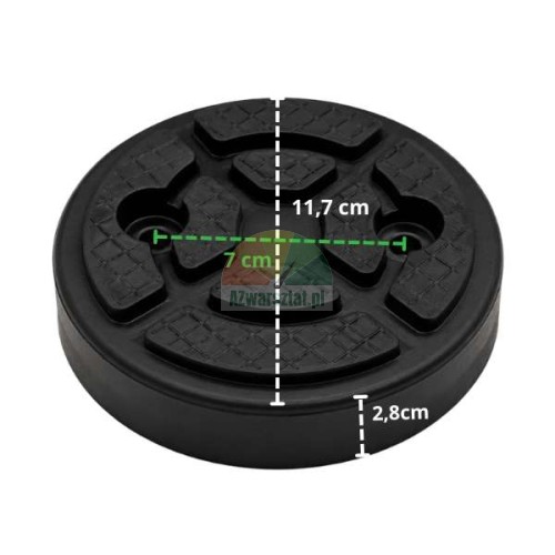 Okrągła gumowa podkładka pod podnośnik o wymiarach średnica 11,7 cm, wysokość 2,8 cm i rozstaw otworów 7 cm