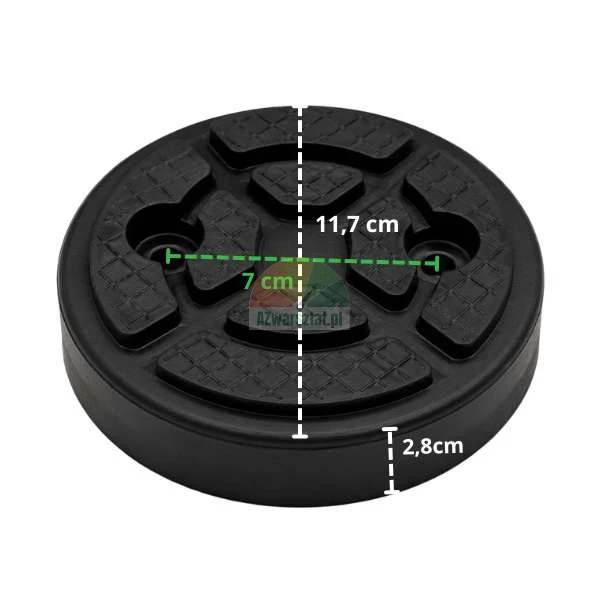 Okrągła gumowa podkładka pod podnośnik o wymiarach średnica 11,7 cm, wysokość 2,8 cm i rozstaw otworów 7 cm