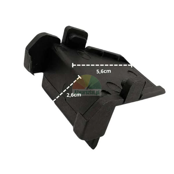 Czarny plastikowy element montażowy z zaznaczonymi wymiarami: szerokość 5,6 cm i głębokość 2,6 cm.