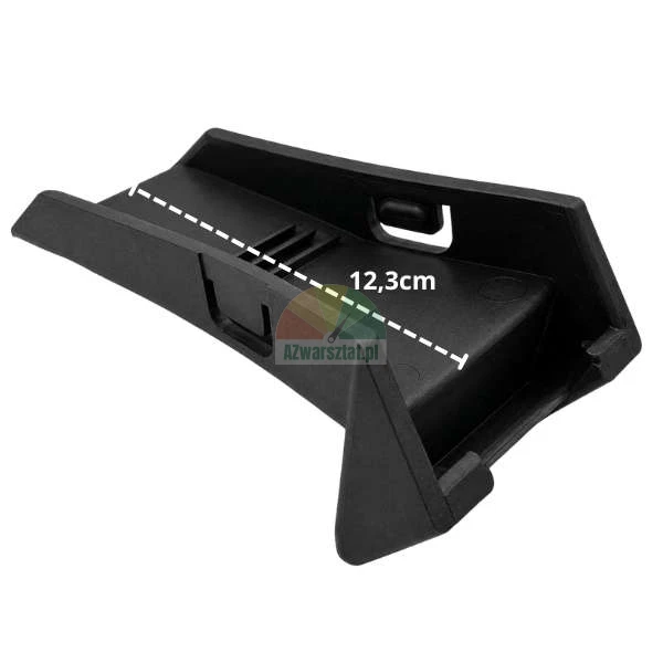 Czarny plastikowy element montażowy z zaznaczoną długością 12,3 cm na białym tle.