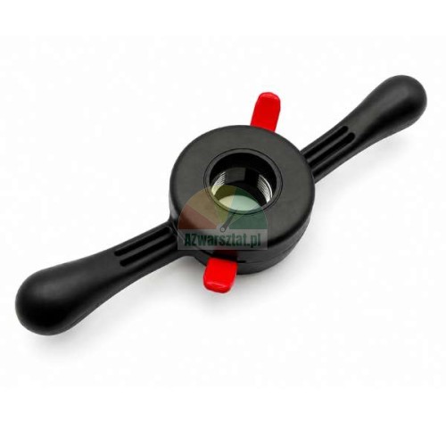 Czarna nakrętka szybkomocująca 40mm x 3mm z dwoma czerwonymi skrzydełkami dociskowymi do wyważarki kół
