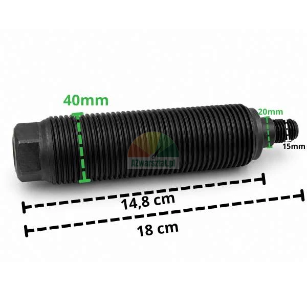 Gwintowany wał wyważarki o średnicy 40 mm i długości całkowitej 18 cm.