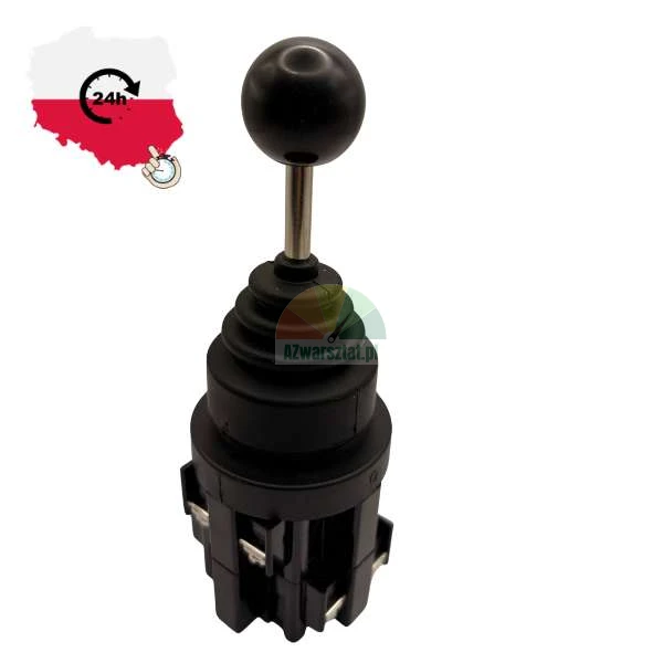 Czarny joystick sterowniczy z kulką i gumową osłoną, przełącznik przemysłowy na białym tle z grafiką szybkiej wysyłki 24h z Polski