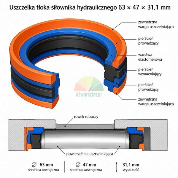 Schemat i przekrój uszczelki tłoka siłownika hydraulicznego o wymiarach 63 x 47 x 31,1 mm z opisem poszczególnych warstw: wargi uszczelniającej, pierścienia prowadzącego, warstwy elastomerowej i pierścienia wzmacniającego.