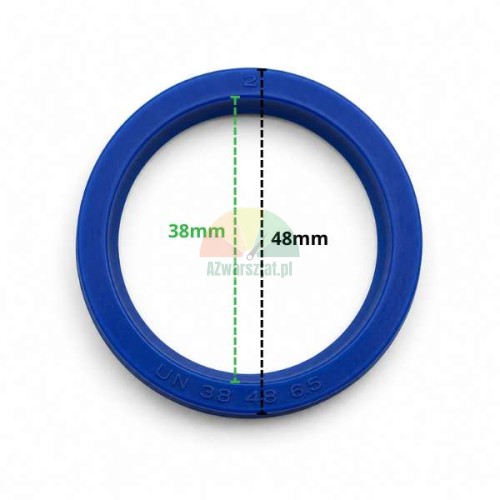 Niebieska uszczelka siłownika UN 38x48x6.5 z wymiarami 38 mm i 48 mm.