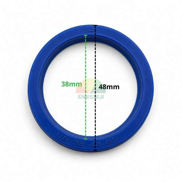 Niebieska uszczelka siłownika UN 38x48x6.5 z wymiarami 38 mm i 48 mm.