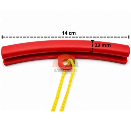 Czerwona osłona felgi z żółtym sznurkiem o wymiarach 14 cm na 23 mm.