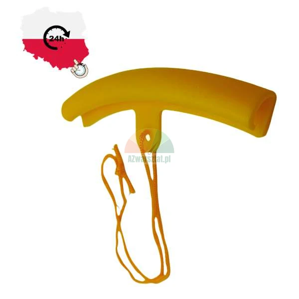Żółty ochraniacz felgi motocyklowej z pomarańczowym sznurkiem, narzędzie do montażu opon.