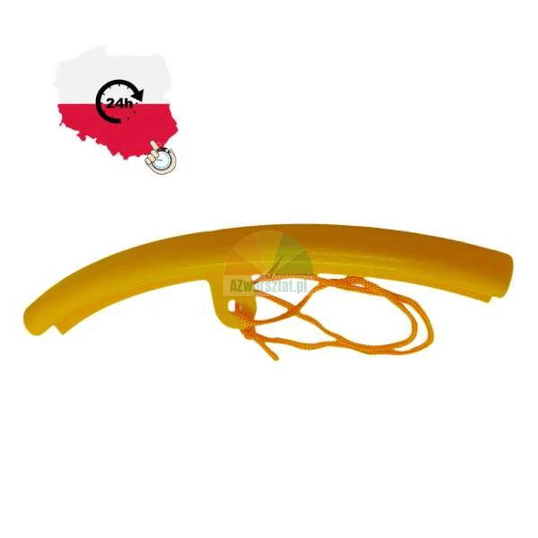 Żółta plastikowa osłona felgi z pomarańczowym sznurkiem, chroniąca przed zarysowaniami podczas montażu opon.