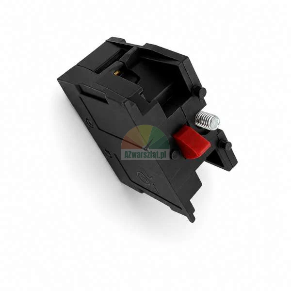 Czarny plastikowy mechanizm z czerwonym przyciskiem i sprężyną na białym tle.