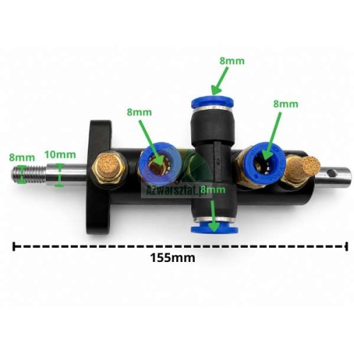 Czarny pneumatyczny rozdzielacz zaworów typ B o długości 155 mm z przyłączami 8 mm i 10 mm.