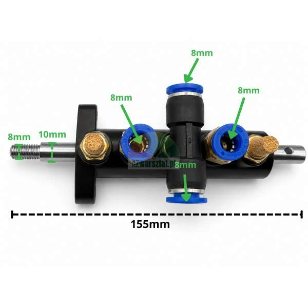 Czarny pneumatyczny rozdzielacz zaworów typ B o długości 155 mm z przyłączami 8 mm i 10 mm.