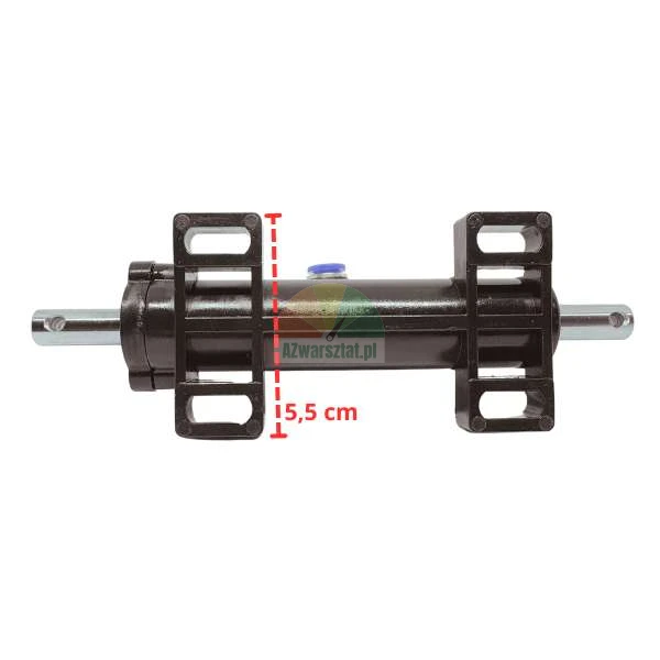 Czarny siłownik hydrauliczny dwustronnego działania z wymiarem wysokości wspornika 15,5 cm zaznaczonym czerwoną linią przerywaną.