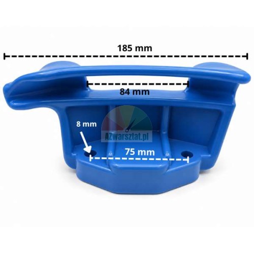 Niebieska stopka montażowa z tworzywa z wymiarami 185 mm, 84 mm, 75 mm i 8 mm