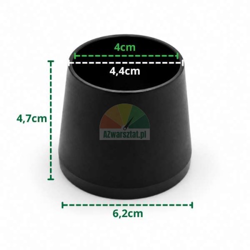 Czarna stożkowa nakładka na nogę krzesła o wymiarach: wysokość 4,7 cm, średnica górna 4 cm i 4,4 cm, dolna 6,2 cm.