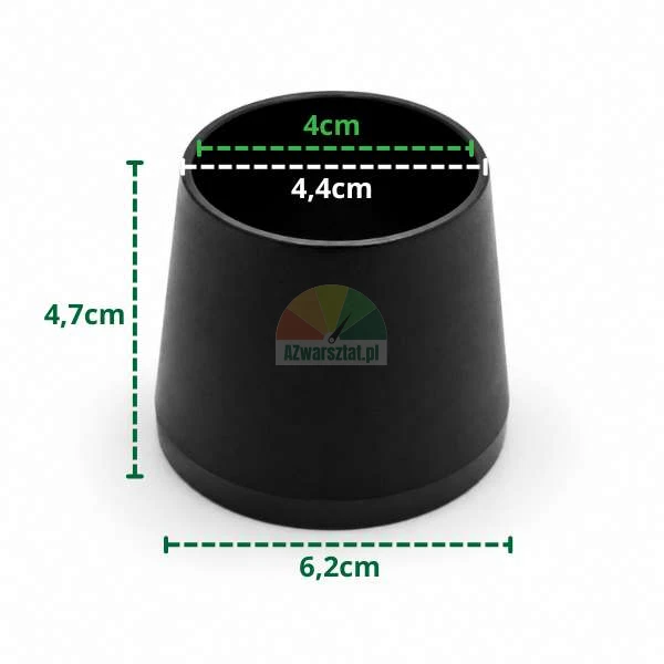 Czarna stożkowa nakładka na nogę krzesła o wymiarach: wysokość 4,7 cm, średnica górna 4 cm i 4,4 cm, dolna 6,2 cm.
