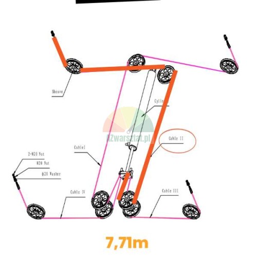 Schemat prowadzenia liny stalowej o długości 7.71 m do podnośnika czterokolumnowego Launch TLT440W i TLT440