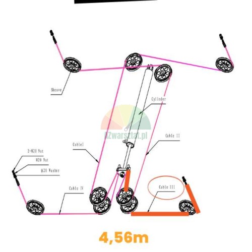 Schemat prowadzenia stalowej liny 4.56m w podnośniku czterokolumnowym Launch TLT440W TLT440.