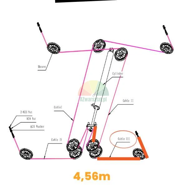 Schemat prowadzenia stalowej liny 4.56m w podnośniku czterokolumnowym Launch TLT440W TLT440.