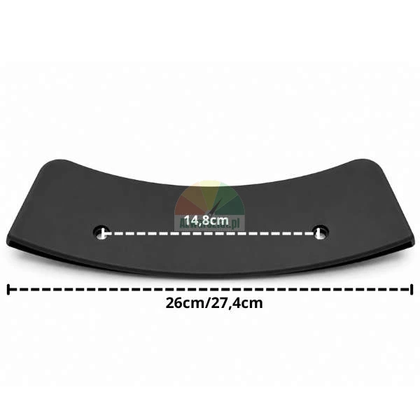 Czarny, zakrzywiony element montażowy z zaznaczonymi wymiarami: odległość między otworami wynosi 14,8 cm, a całkowita szerokość to 26 cm / 27,4 cm.